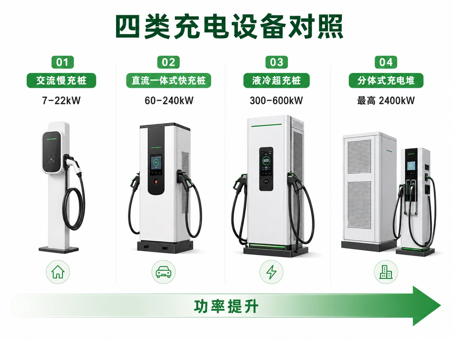 充电设备选型对照-交流慢充大功率快充液冷超充分体式充电堆四类