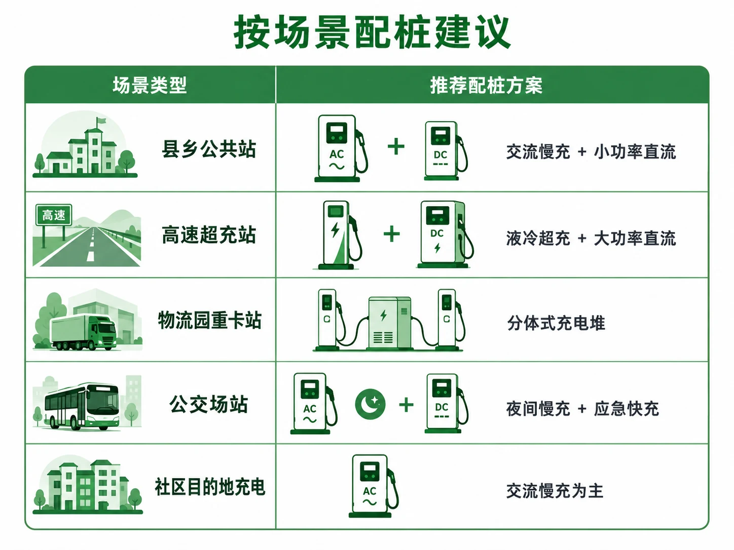按场景配桩清单-社区县域高速物流园公交五类典型充电站设备配置