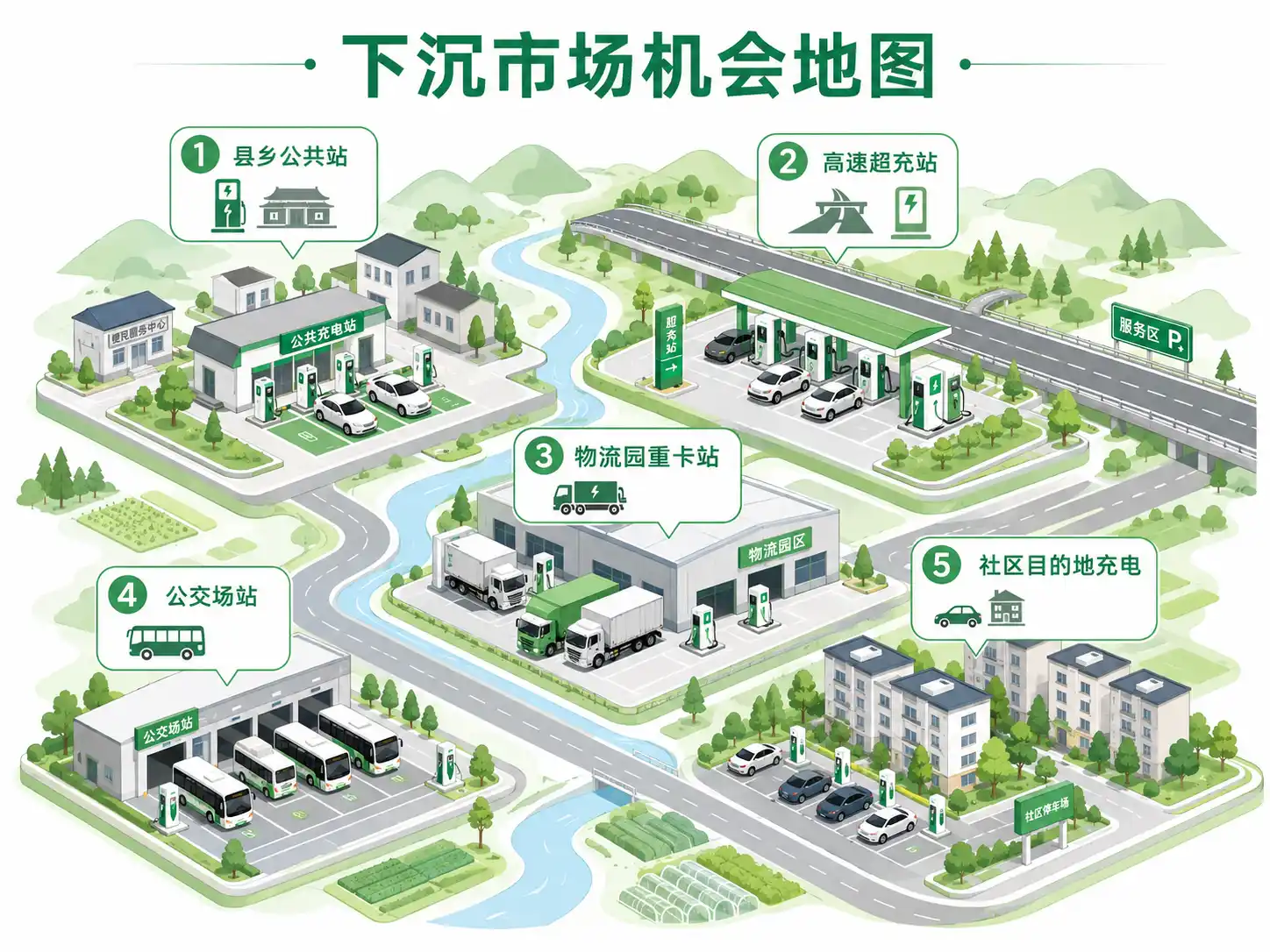 充电站下沉市场机会地图-县域乡镇高速物流园公交社区五类场景