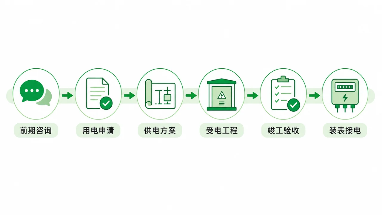 充电站电力报装流程-用电申请供电方案受电工程验收与装表接电六步