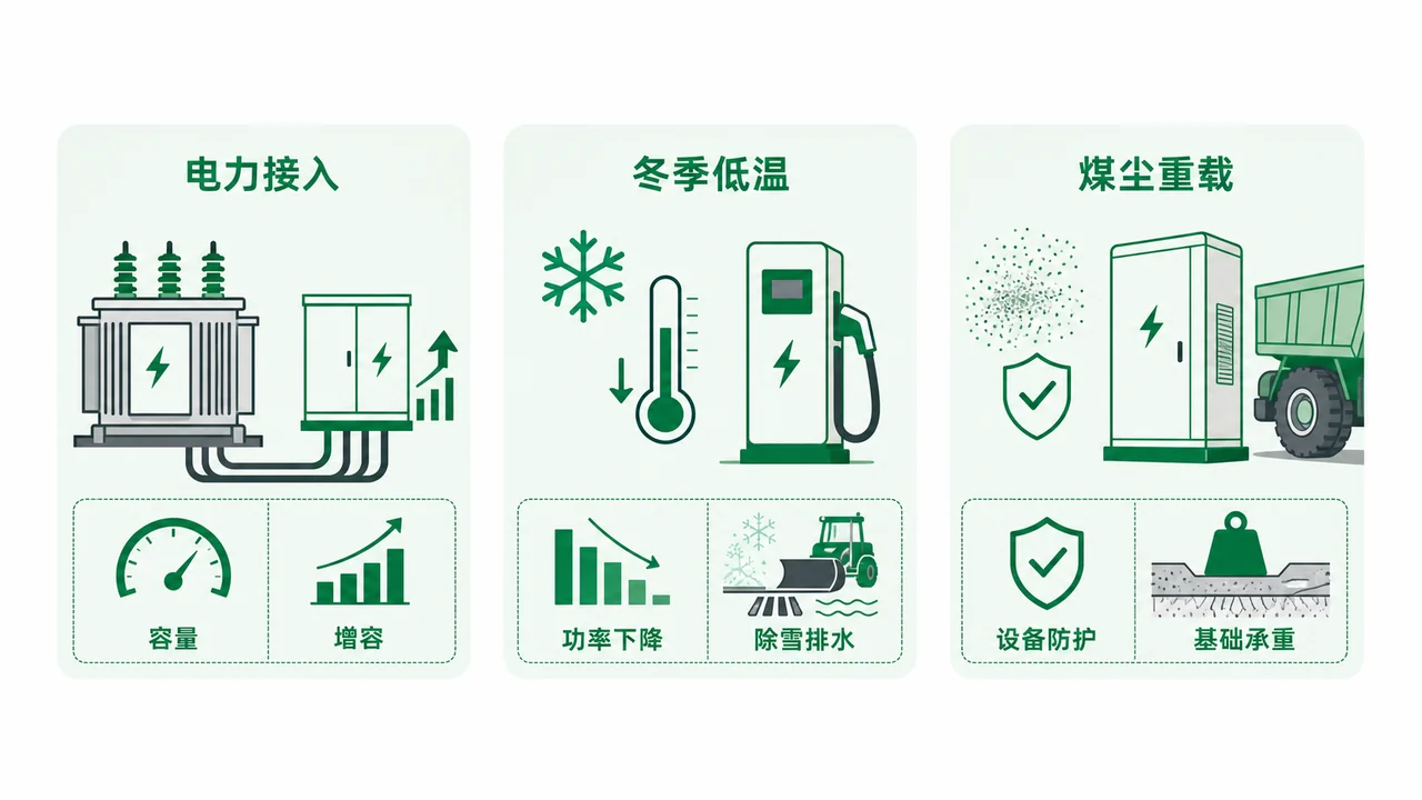 晋北重卡充电场站建设要点-供电容量冬季低温煤尘防护与重载场地基础