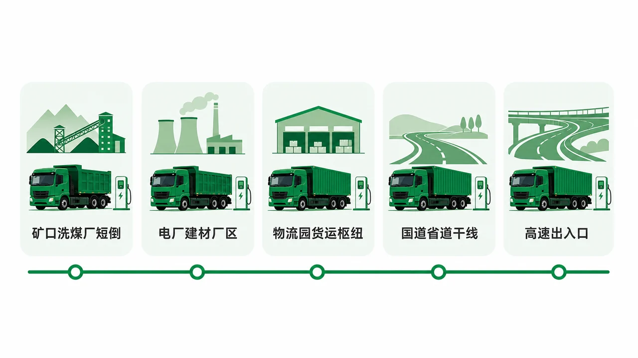 朔州电动重卡充电场站五类场景-矿口短倒电厂厂区物流园国道干线与高速口