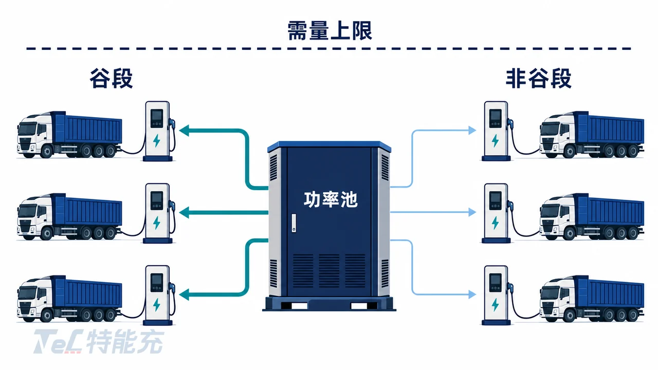 重卡充电站功率共享调度示意图-充电堆功率池按谷段并发分配与场站需量封顶控制