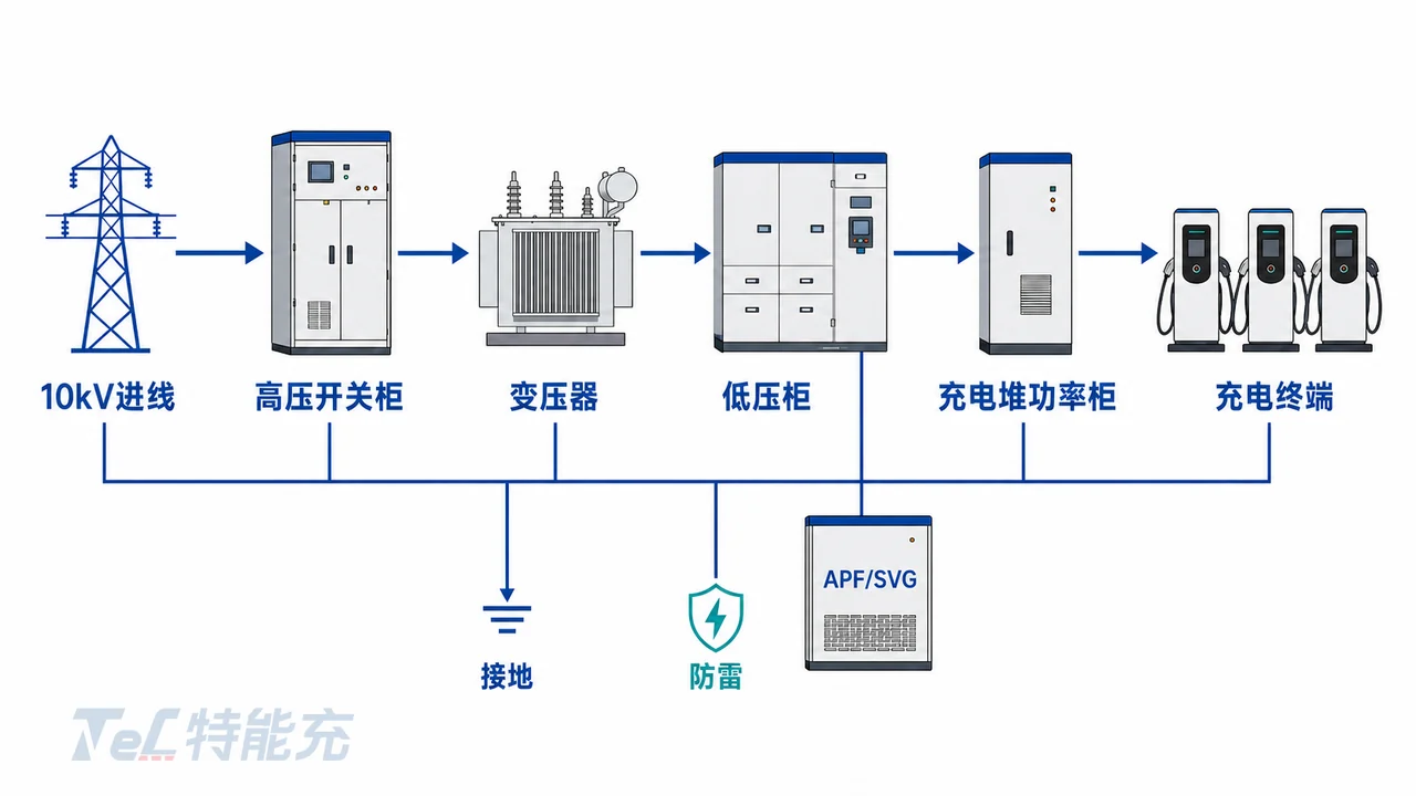 煤矿短倒重卡充电站配电系统框图-10kV进线变压器充电堆功率柜与谐波治理无功补偿配置