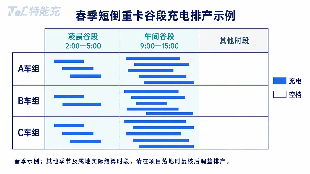 春季短倒重卡谷段充电排产示例-凌晨2至5时与午间9至15时车组轮换安排