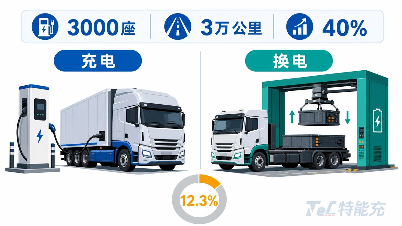 新能源重卡补能路线政策与市场结构图-11部门方案目标与充电换电份额对比