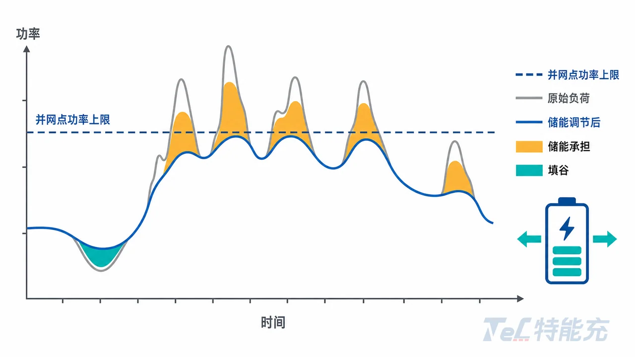 光储充一体重卡充电站削峰示意图-储能削峰填谷后变压器负荷曲线与并网点功率上限对比