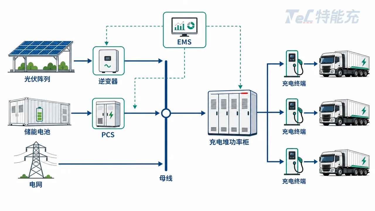 光储充一体化系统架构图-光伏逆变器储能PCS充电堆功率柜与EMS能量管理调度关系