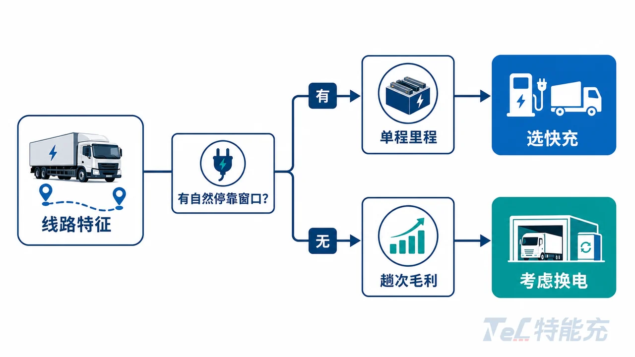 电动重卡补能路线选型决策树-按线路里程停靠窗口趟次毛利判断选快充还是换电