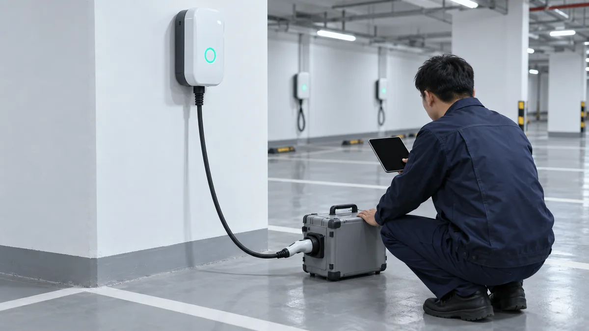 交流充电桩强制检定现场示意-便携检定装置接入充电枪测量计量误差