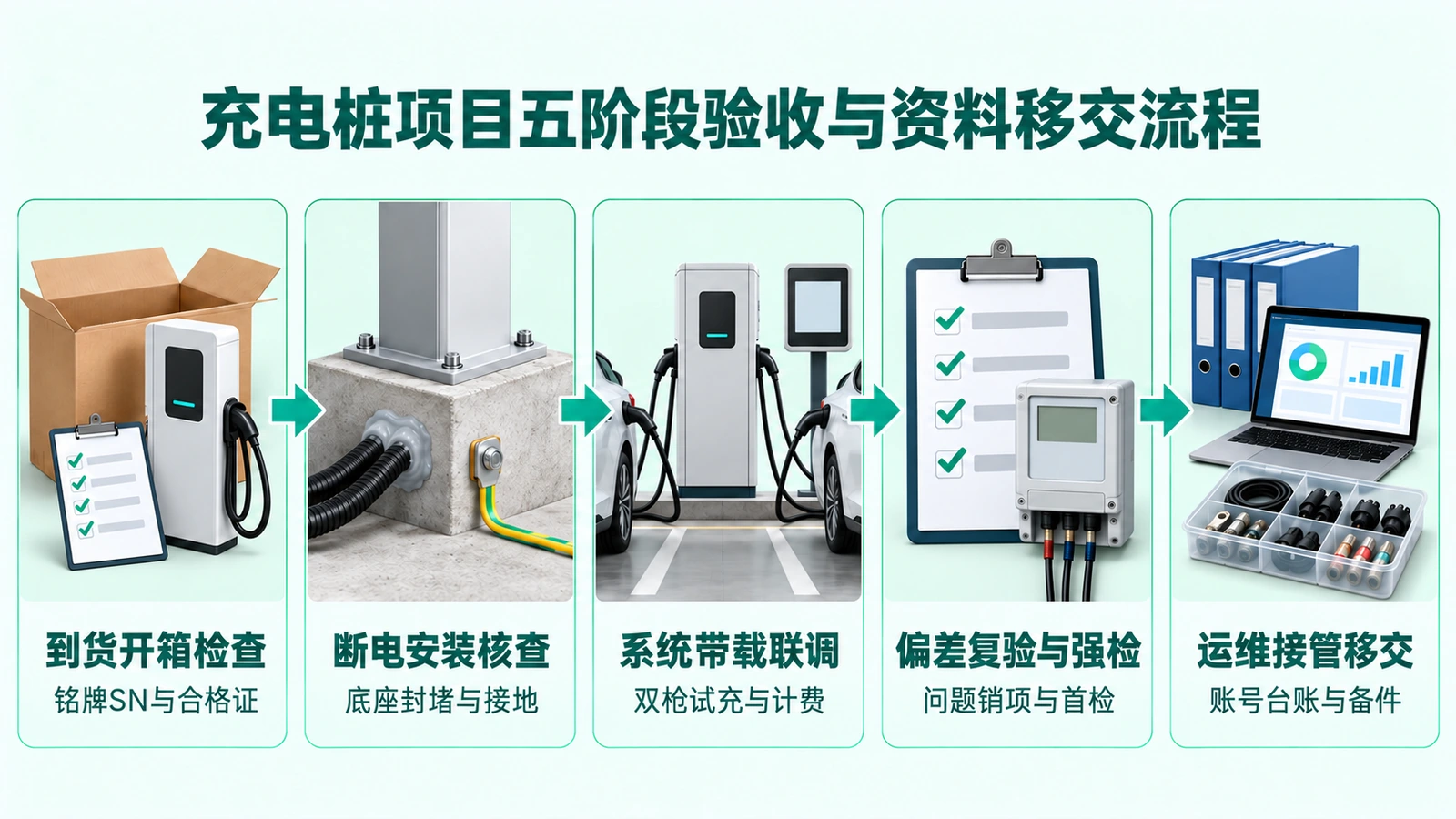 充电桩项目从到货开箱检查、断电安装核查、带载系统调试、偏差关闭到运维移交的五阶段资料流向图