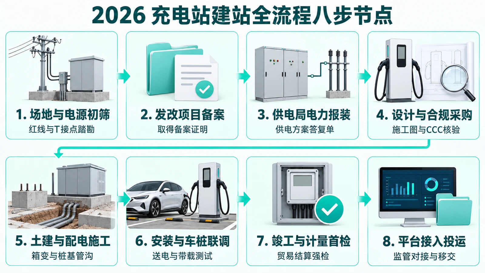 2026年经营性充电站从立项备案、高压报装到强检投运的八步关键工程节点与交付物流程图